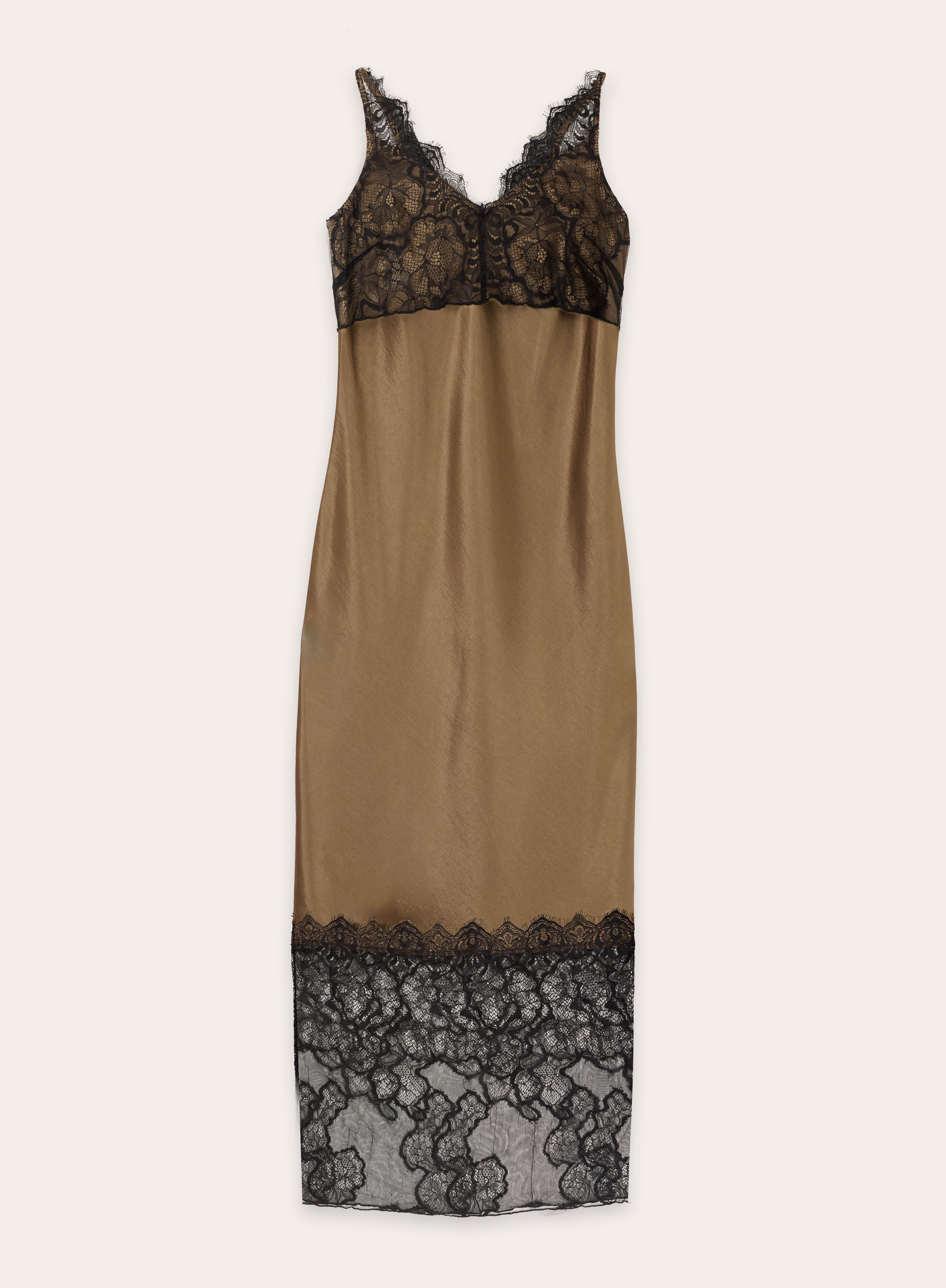 Khaki Satin Lace Trim Maxi Dress